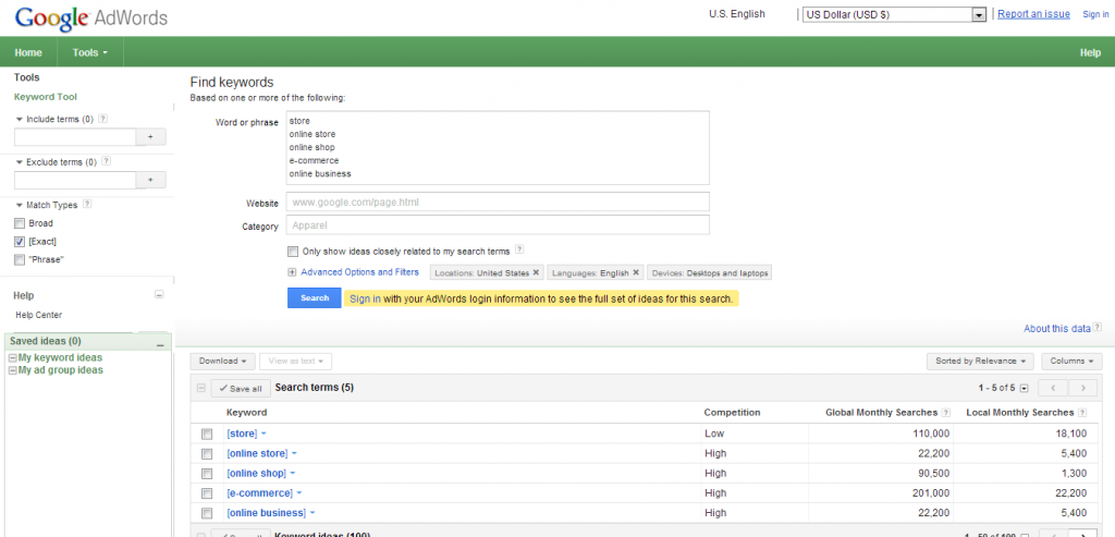 Google AdWords Keyword Tool